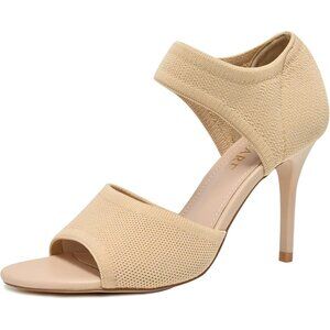 Apricot 3 Inches Peep Toe Synthetic Stiletto Stretchy Heeled Sandals for Women